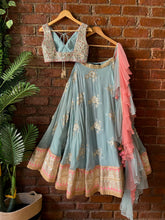 Load image into Gallery viewer, Dusty Blue and Blush Pink Mirror work lehenga set Gown
