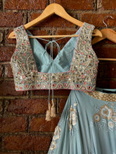 Load image into Gallery viewer, Dusty Blue and Blush Pink Mirror work lehenga set Gown
