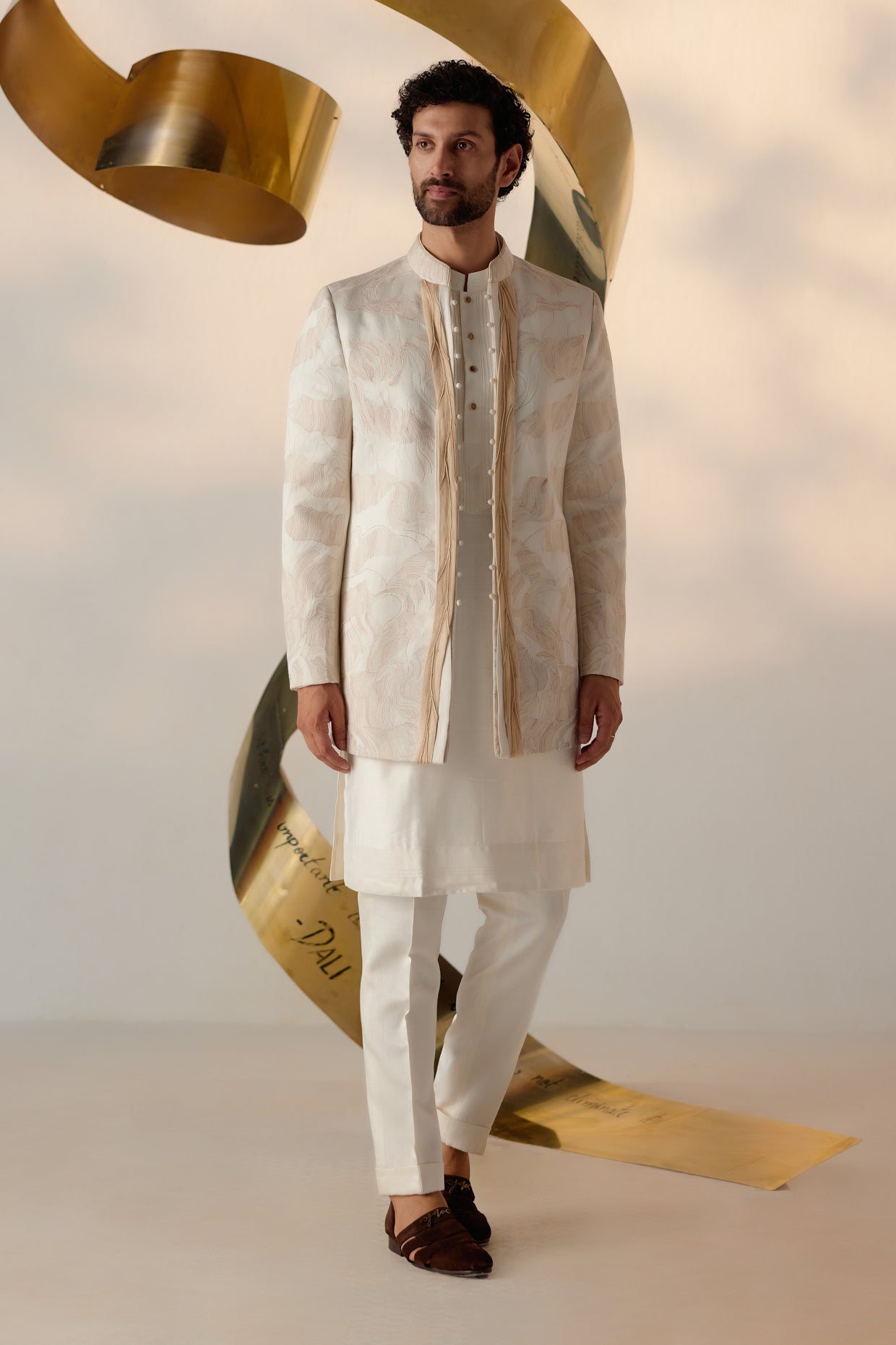 Ivory Cotton Embroidered Thread Firdaus Bandhgala For Men - Rent main image 1