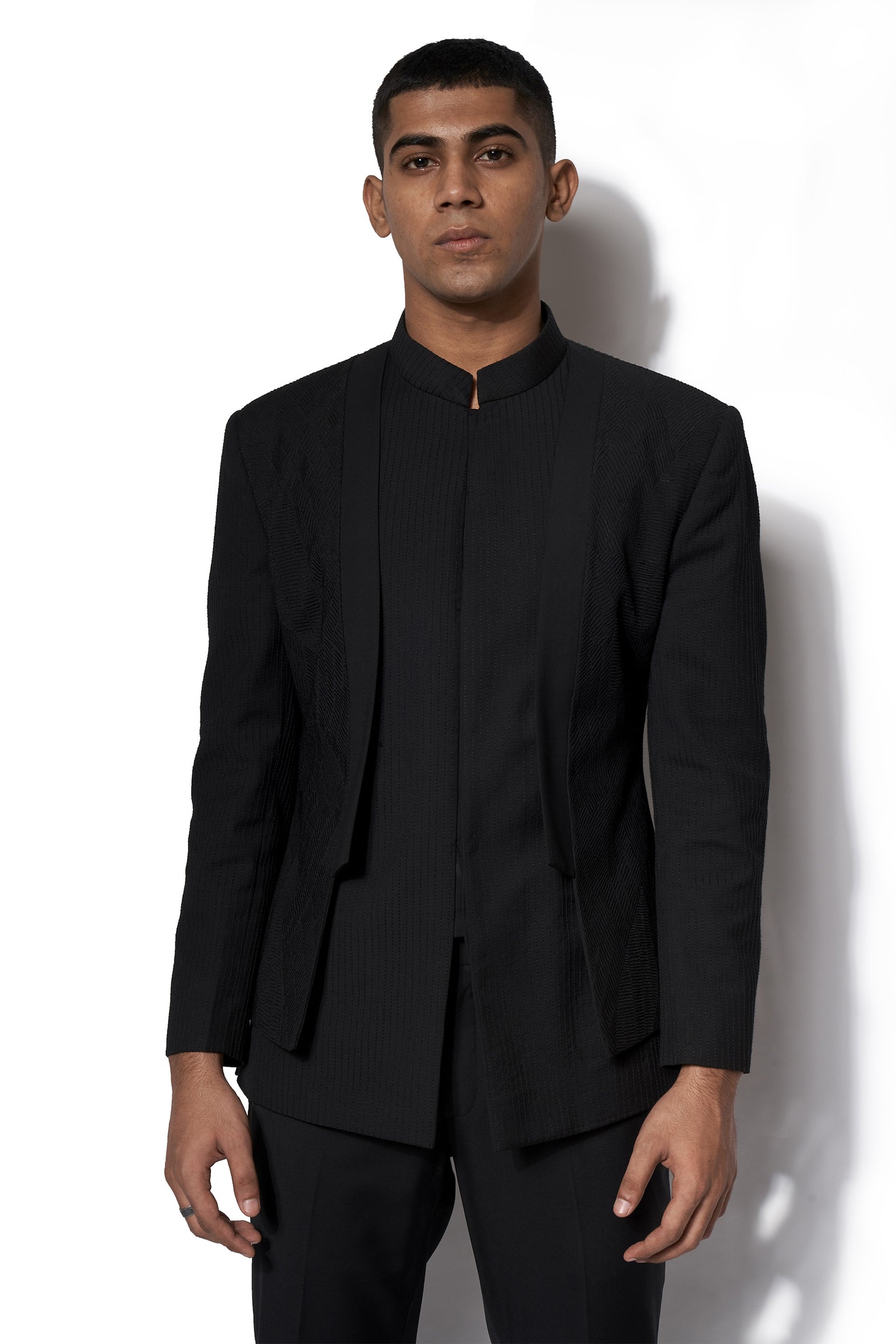 Black Layered Embroidered Bandhgala Set