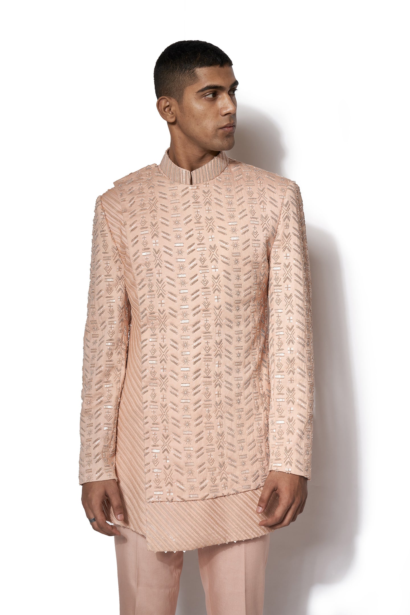 Peach Embroidered Asymmetrical Bandhgala set