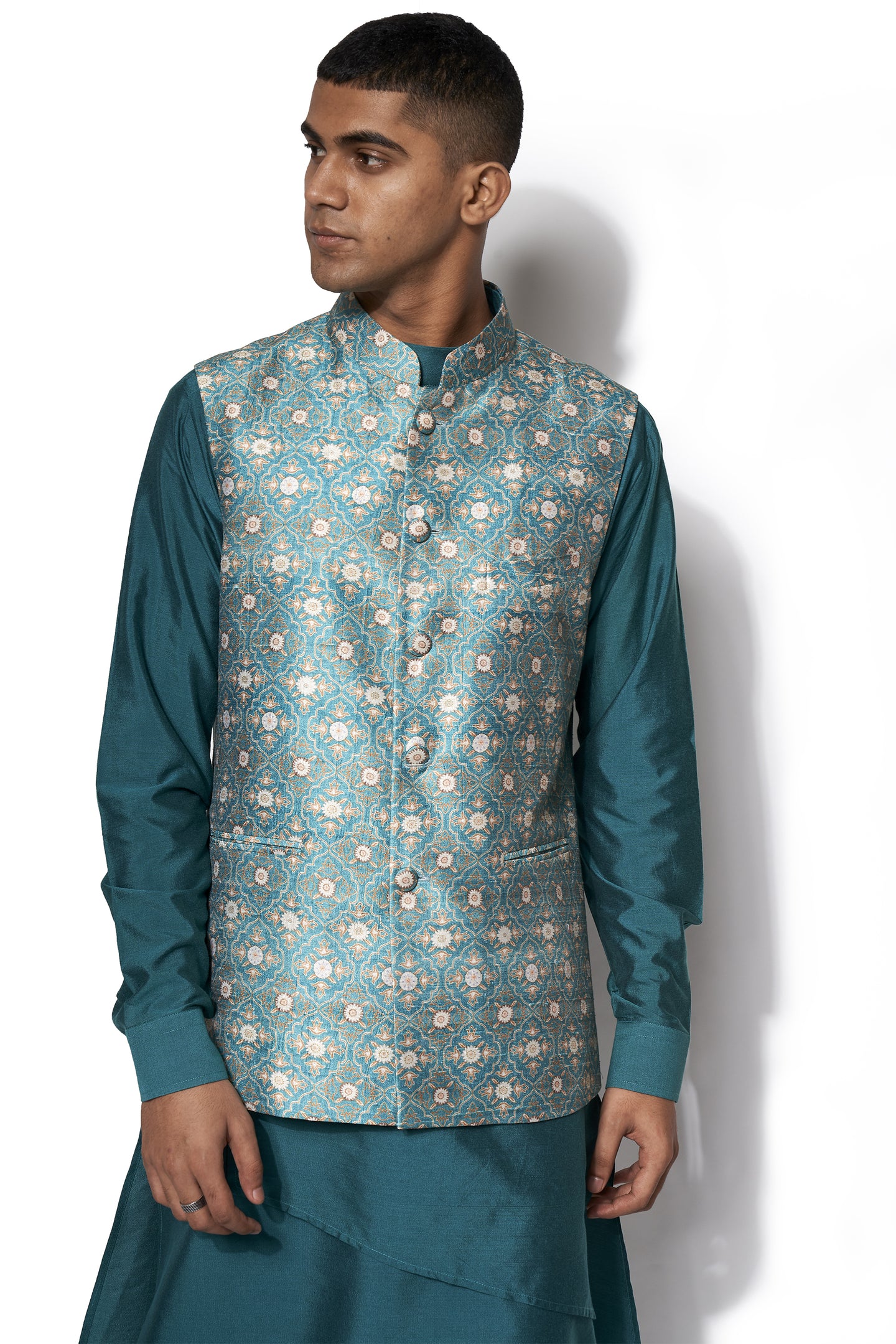 Forest Green Printed Bundi Kurta Set