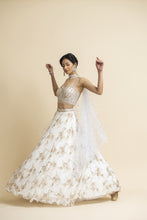 Load image into Gallery viewer, OFF WHITE EMBROIDERED LEHENGA WITH BUSTIER AND STYLISED DUPATTA
