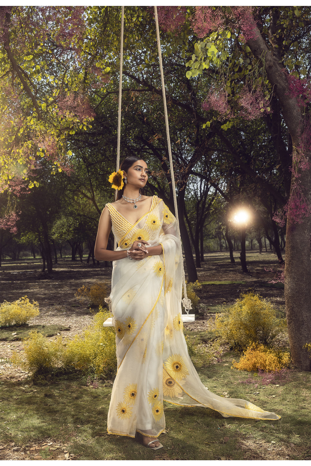 SUNFLOWER OFF WHITE ORGANZA SAREE