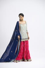 Load image into Gallery viewer, GEORGETTE KURTA AND DUPATTA WITH TIERED BANDHEJ SHARARA GOTA EMBROIDERY
