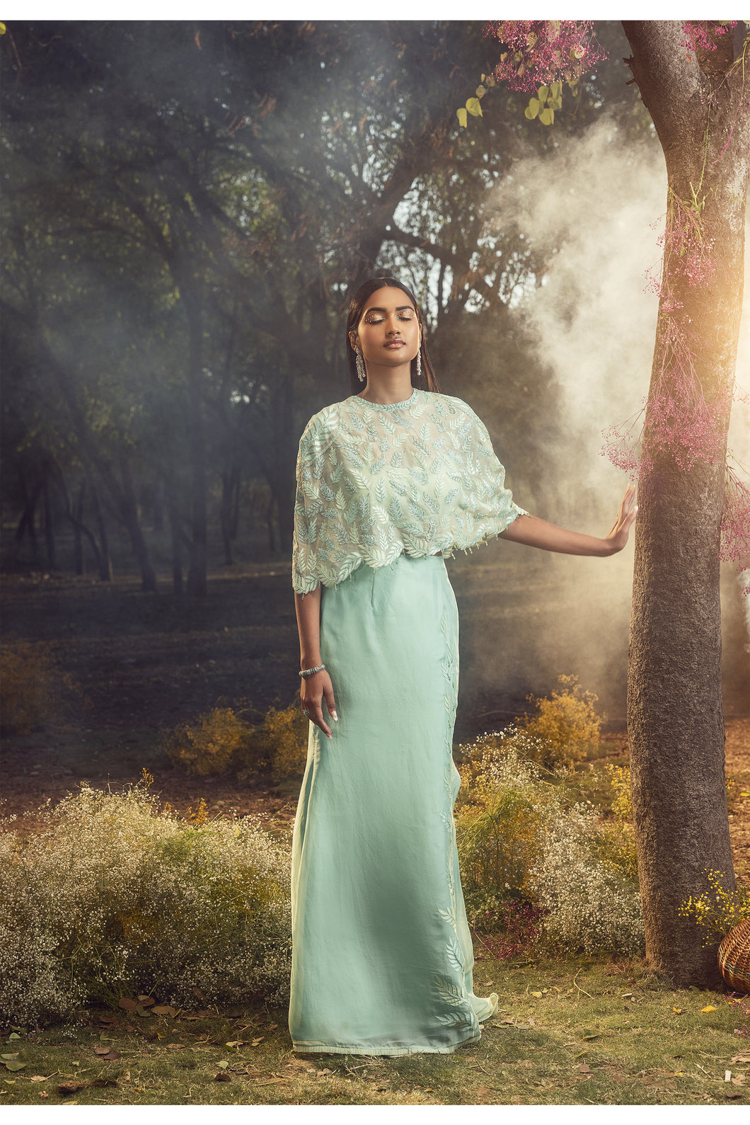 AQUA BLUE AND GREEN SKIRT WITH CAPE AND BUSTIER