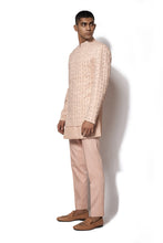 Load image into Gallery viewer, Peach Embroidered Asymmetrical Bandhgala set
