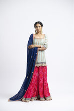 Load image into Gallery viewer, GEORGETTE KURTA AND DUPATTA WITH TIERED BANDHEJ SHARARA GOTA EMBROIDERY
