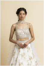 Load image into Gallery viewer, OFF WHITE EMBROIDERED LEHENGA WITH BUSTIER AND STYLISED DUPATTA
