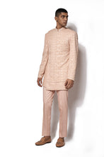 Load image into Gallery viewer, Peach Embroidered Asymmetrical Bandhgala set
