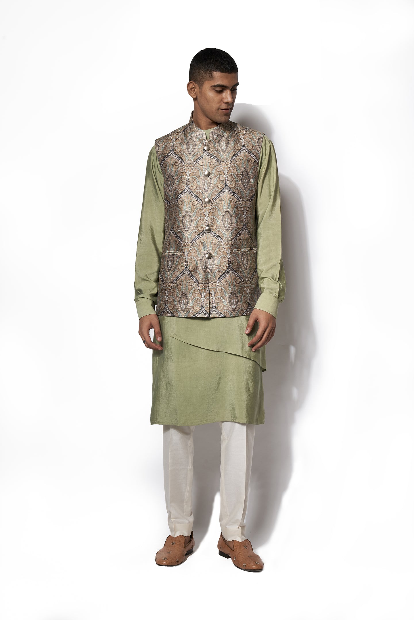 Mint Green Printed Bundi Kurta Set