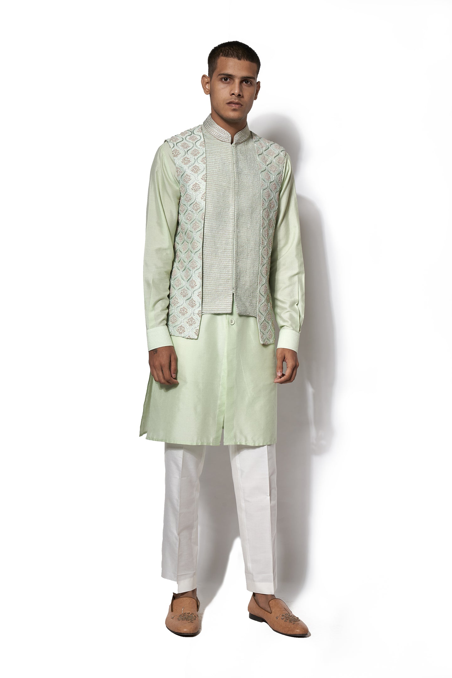 Mint Green Embroidered Bundi Kurta Set