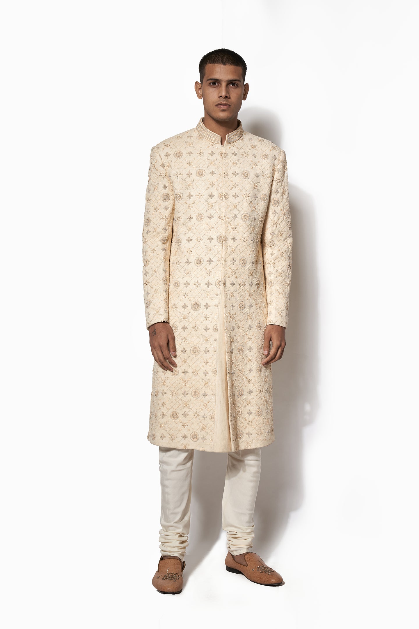 Beige Hand Embroidered Sherwani Set