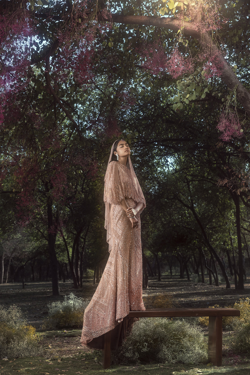 PEACH SKIRT WITH CAPE,BUTSIER AND VEIL