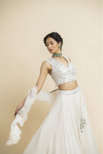 Load image into Gallery viewer, WHITE GEORGETTE LEHENGA WITH TULLE CHOLI AND DUPATTA
