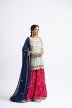 Load image into Gallery viewer, GEORGETTE KURTA AND DUPATTA WITH TIERED BANDHEJ SHARARA GOTA EMBROIDERY
