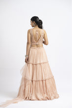 Load image into Gallery viewer, PEACH CRUSHED CHIGNON TIERED LEHENGA WITH NET CHOLI AND DUPATTA
