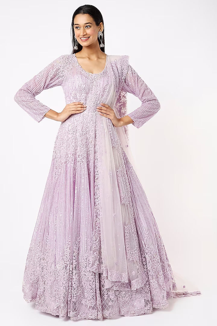 Lilac net cut dana, pearl and sequins embroidered lehenga