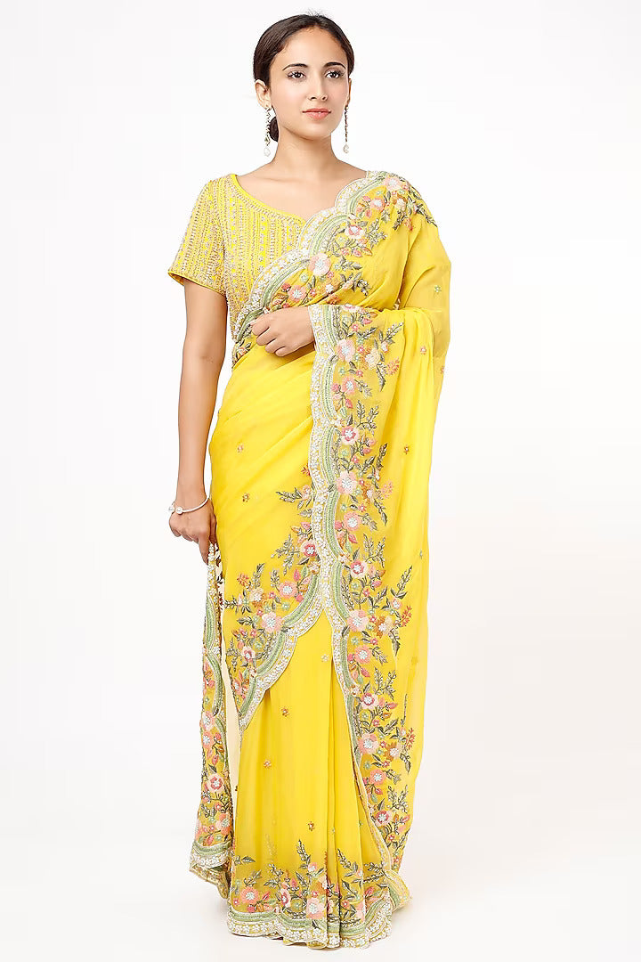 Lemon Yellow Organza Embroidered Saree Set