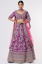 Load image into Gallery viewer, Purple raw silk heavily hand embroidered lehenga
