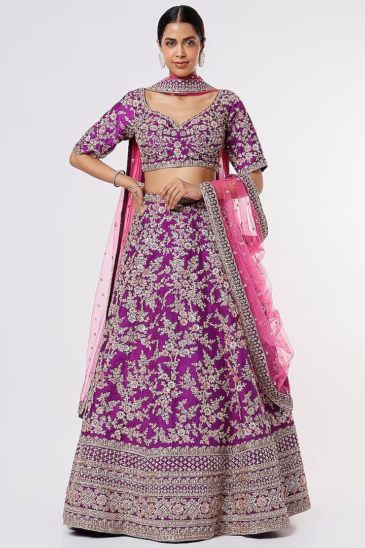 Purple raw silk heavily hand embroidered lehenga