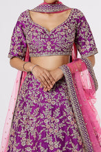 Load image into Gallery viewer, Purple raw silk heavily hand embroidered lehenga
