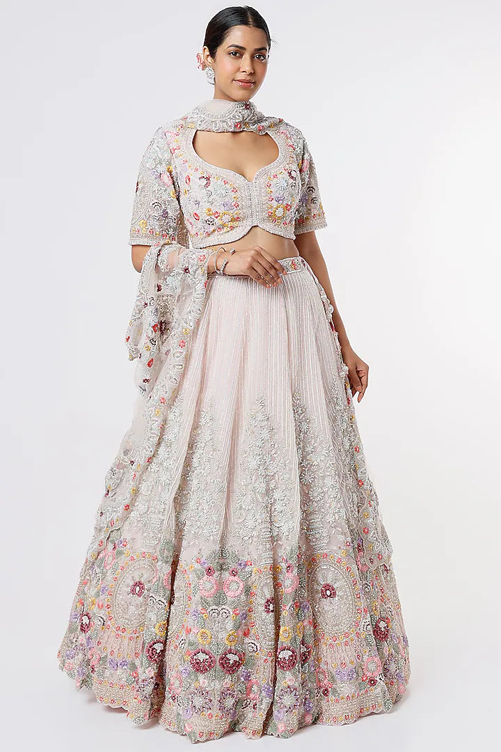 Pink organza thread embroidered lehenga