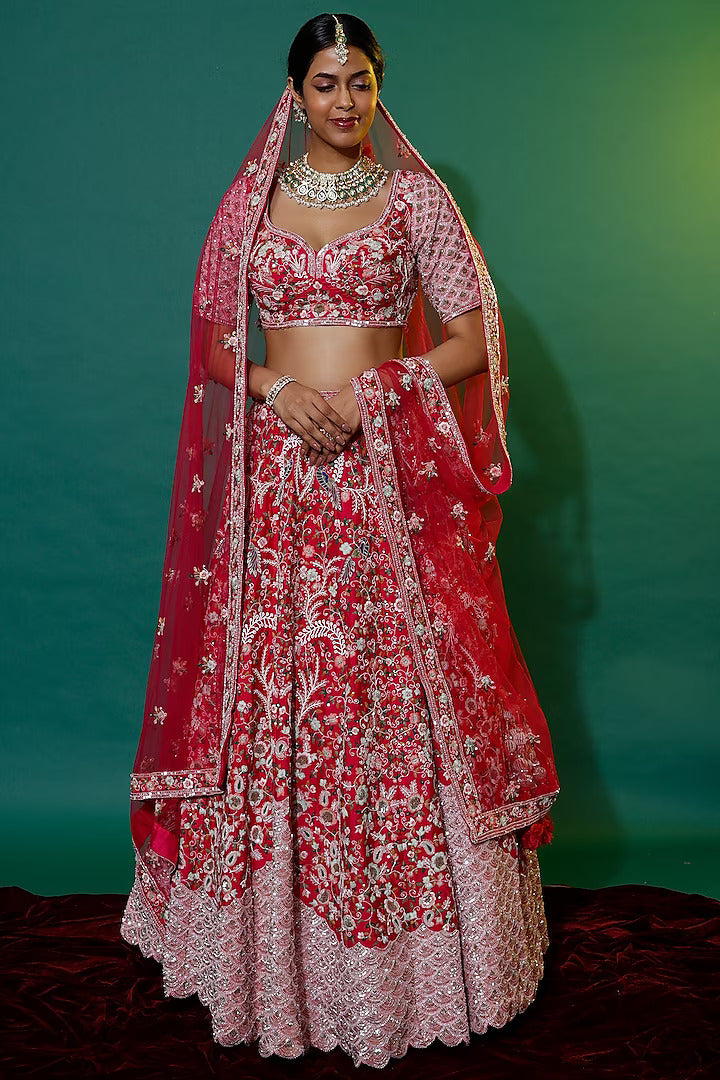 Red raw silk Thread embroidered lehenga