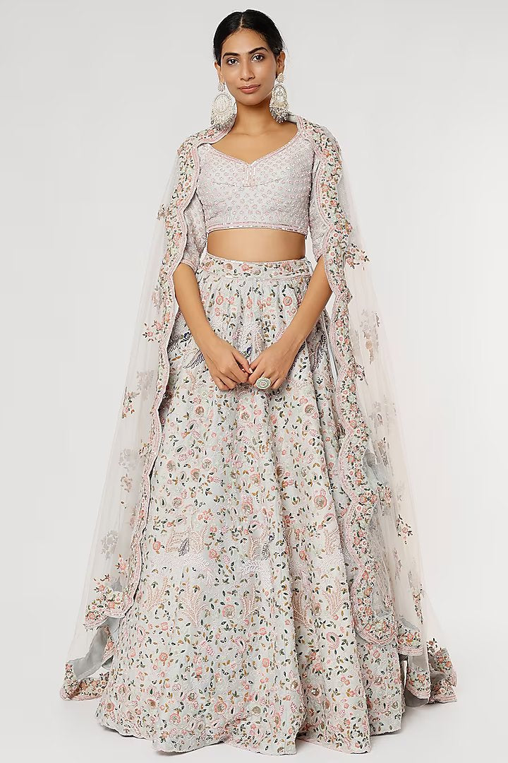 Off-white  raw silk thread embroidered lehenga