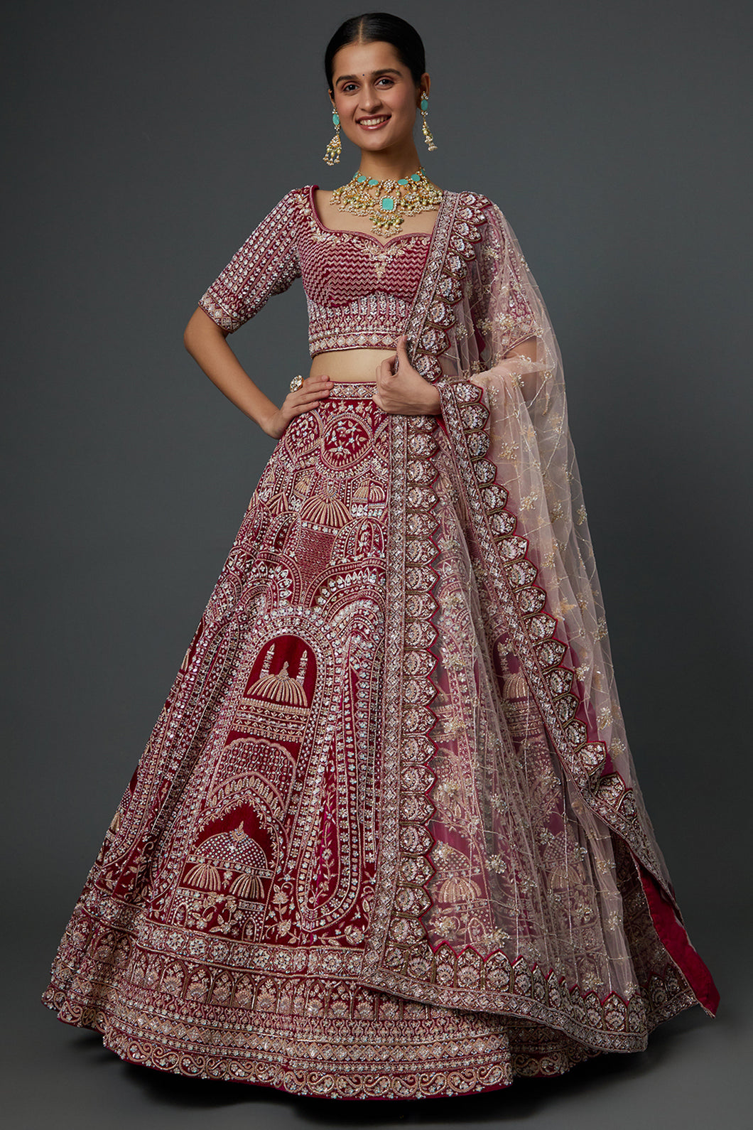 Maroon raw silk zardozi work lehenga