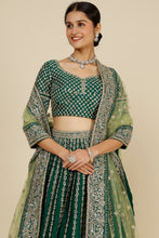 Load image into Gallery viewer, Bottle green raw silk embroidered lehenga
