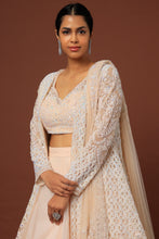 Load image into Gallery viewer, Deep peach organza cutdana, pearl and sequins hand embroidered lehenga
