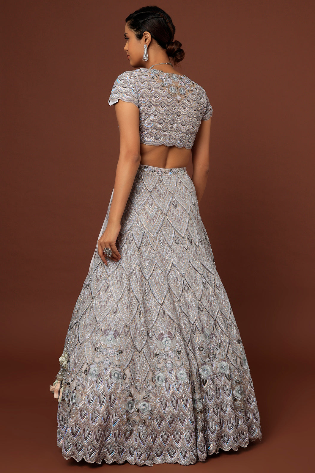 Grey net Resham, cut dana, sequins embroidered lehenga