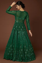 Load image into Gallery viewer, Bottle green net self on self embroidered lehenga
