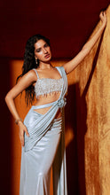 Load image into Gallery viewer, Blue Pre-Stitched Saree with An Embroidered Bustier Blouse

