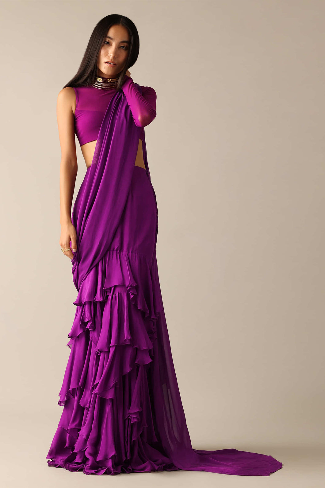 Purple Blouse with Layered Pre Draped Saree