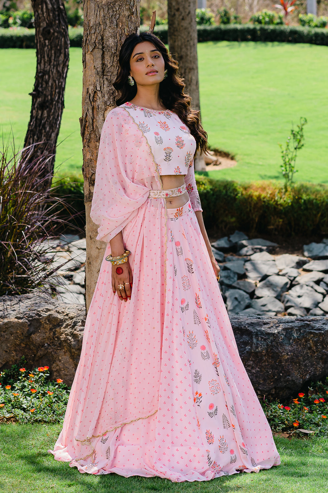 Blush Pink Floral Printed Embroidered Lehenga Set