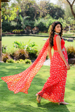 Load image into Gallery viewer, Cherry Red Floral Printed Pre-Stitched Saree Set
