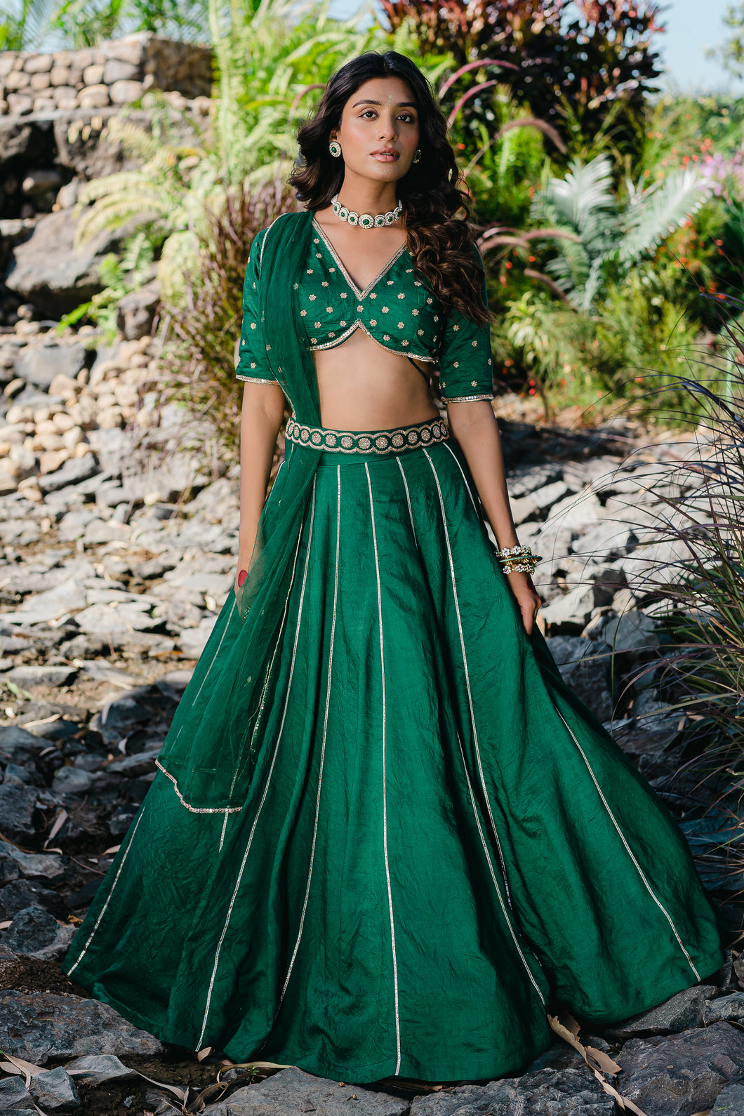 Emerald Green Embroidered Lehenga Set