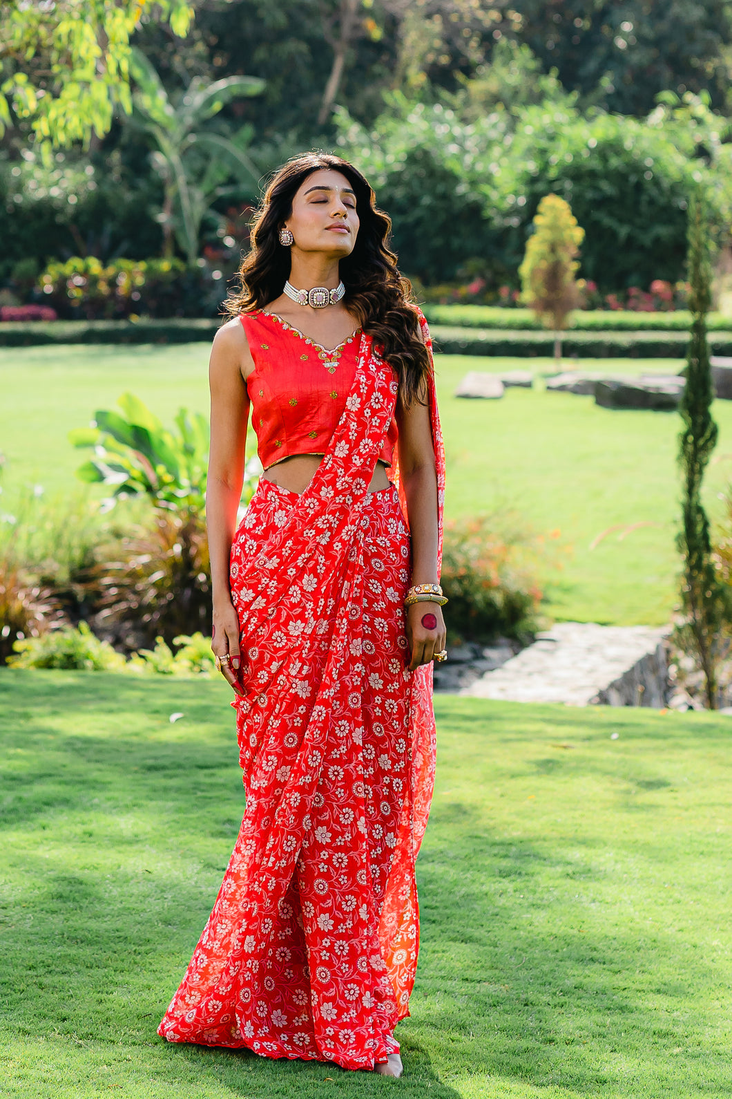 Cherry Red Floral Printed Pre-Stitched Saree Set