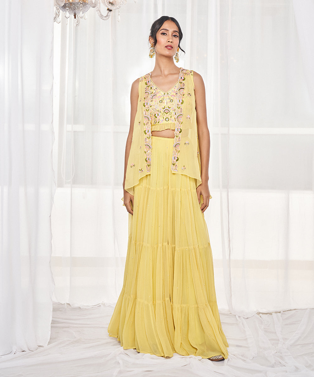 Green Silk Sharara Set with Organza Jacket | Multicolor Embroidery ...