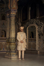 Load image into Gallery viewer, PEACH RAW SILK SHERWANI WITH KURTA AND TROUSER WITH AN OPTIONAL WORKED STOLE, BELT AND JUTIS
