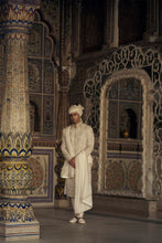 Load image into Gallery viewer, IVORY AND BEIGE RAW SILK SHERWANI SET WITH KURTA AND CHURIDAR AND AN OPTIONAL BELT, STOLE AND JUTIS
