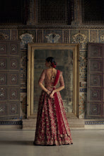 Load image into Gallery viewer, DEEP RED RAW SILK LEHENGA CHOLI WITH NET DUPATTA AND WORKED BELT.
