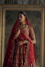 Load image into Gallery viewer, DEEP RED RAW SILK LEHENGA CHOLI SET WITH A TULLE DUPATTA AND AN OPTIONAL SECOND DUPATTA AND BELT.
