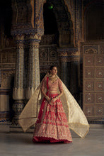 Load image into Gallery viewer, BLOOD RED SILK  LEHENGA CHOLI SET WITH A WORKED TULLE DUPATTA
