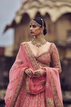 Load image into Gallery viewer, ROSE PINK RAW SILK LEHENGA CHOLI WITH NET DUPATTA AND OPTIONAL WORKED BELT .
