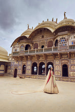 Load image into Gallery viewer, GOLD TISSUE LEHENGA CHOLI SET WITH RED DUPATTA AND AN OPTIONAL MINT GREEN DUPATTA, BELT AND GOLD HEAD VEIL .
