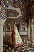 Load image into Gallery viewer, GOLD WOVEN BENARSI LEHENGA WITH RED BORDER AND RED RAW SILK CHOLI AND A RED NET JAAL DUPATTA AND AN OPTIONAL SECOND DUPATTA
