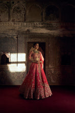 Load image into Gallery viewer, RED TO CORAL OMBRE DYED RAW SILK LEHENGA WITH A CORAL CHOLI AND RED DUPATTA AND A WORKED BELT.
